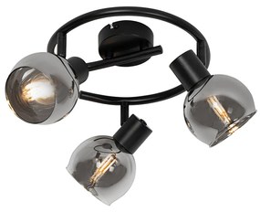 Candeeiro de Teto Art Déco Preto com Vidro Fumê 3 Luzes Redondo - Vidro Art Deco