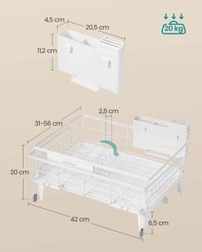 Escorredor de pratos (31-56) x 42 x 20 cm com tapete de silicone e ralo, branco mate-cinza