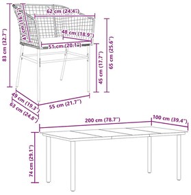 Conjunto de jantar jardim 9 peças almofadas vidro vime PE preto