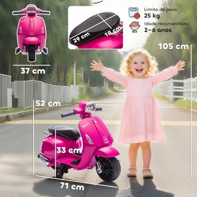 Mota Elétrica para Crianças 6V com Licença Vespa Rodas Auxiliares Velocidade de 2,5km/h Farol e Buzina 71x37x52 cm Rosa