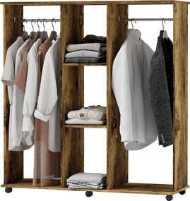 Guarda roupa aberto móvel de arrumação com rodas, 6 rodas, 120 x 40 x 128 cm, em madeira castanha