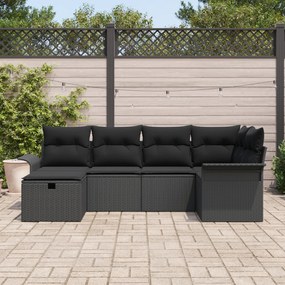Conjunto de Sofá de Jardim de 6 Peças com Almofadas em Rattan Preto
