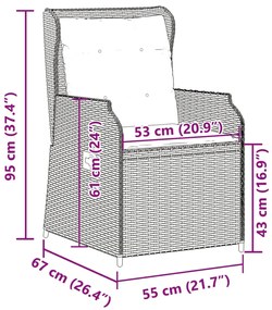 Cadeiras jardim reclináveis 2 pcs c/ almofadões vime PE cinza