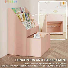 Estante infantil com vários compartimentos, com 3 níveis de prateleiras e uma gaveta, 62,5 L x 30 L x 70 A cm, rosa