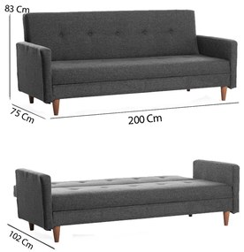 Sofá-Cama de 3 Lugares Hiko – Cinzento Escuro – 200x83x75 cm