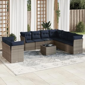 vidaXL 10 pcs conjunto sofás p/ jardim c/ almofadões vime PE cinzento