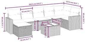 8 pcs conj. sofás jardim c/ almofadões vime PE cinzento-claro
