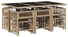 11 pcs conjunto de jantar p/ jardim com almofadões vime PE bege