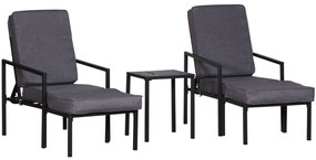 Outsunny Conjunto de jardim com 2 cadeiras com braços 1 mesa e 2 apoios para pés Inclui almofadas cinza e preto | Aosom Portugal