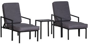 Outsunny Conjunto Móveis de Exterior com 2 Cadeiras 2 Apoios para os Pés e 1 Mesa de Centro 55x65x50-82 cm Cinza e Preto | Aosom Portugal