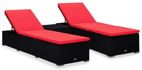 3 pcs espreguiçadeiras jardim c/ mesa de centro vime PE preto