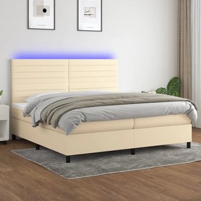 Cama box spring c/ colchão e LED 200x200 cm tecido cor creme