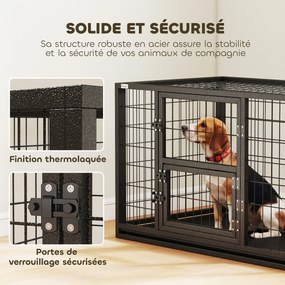 Gaiola robusta para cães 94 x 60 x 64 cm, casota interior com compartimentos abertos e porta para alimentação, em aço , preta