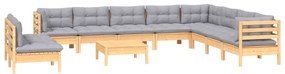 11pcs conjunto lounge de jardim + almofadões cinza pinho maciço