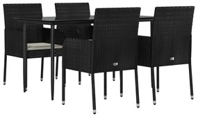 5 pcs conjunto de jantar p/ jardim c/ almofadões vime PE preto