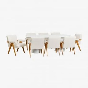 Conjunto De Mesa Ovalada 220x95 Cm Em Cimento Noemi E 8 Cadeiras De Jantar Em Madeira E Tecido Bouclé Lucca Branco - Sklum