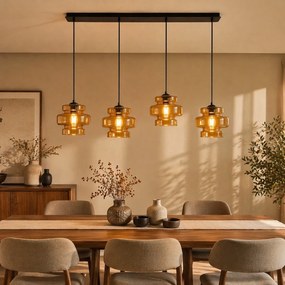 Candeeiro suspenso retro preto com vidro laranja 4 luzes - Denise