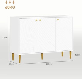 Aparador com 2 armários de 3 portas, prateleiras ajustáveis e pés dourados em aço, 107 x 35 x 77 cm, branco