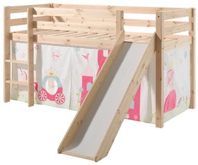 Conjunto Cama alta de Criança PINO 90 x 200 cm + estrado + escada + escorrega + cortina Princesa Natural