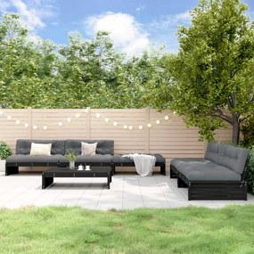 6pcs conjunto lounge jardim c/ almofadões madeira maciça preto