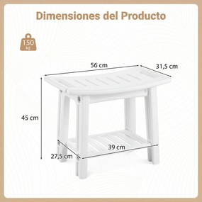 Banco de Duche de Canto, 56 x 31,5 x 45 cm, Prateleira Inferior, Branco
