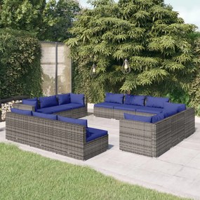 vidaXL 12 pcs conjunto lounge de jardim c/ almofadões vime PE cinzento