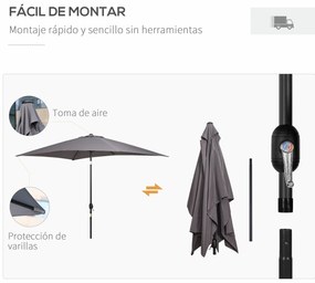Outsunny Chapéu de Sol de Alumínio 200x300x240cm Chapéu de Sol Retangular de Jardim Inclinável com Manivela e Mastro Desmontável para Terraço Piscina Pátio Exterior Cinza
