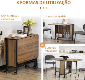 Mesa de Cozinha Dobrável Mesa de Refeição Dobrável com Rodas Laterais Abatíveis e Prateleira Mesa Dobrável para Sala de Jantar 130x80x74 cm Castanha