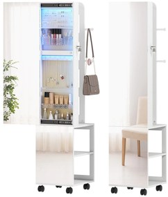 HOMCOM Espelho com Arrumação para Joias Luzes LED Armário para Joias com Rotação de 360° Espelho Fecho com Chave Compartimentos Superfície Branca e Forro 37x40x165,5 cm Branco