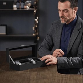 Caixa para 6 relógios 11,2 x 30 x 8 cm revestimento em PU preto, forro em veludo preto