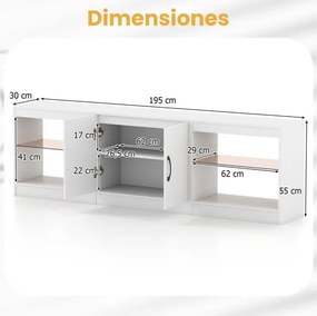 Móvel para TV até 85" com 195 x 30 x 55 cm de  3 em 1 com luzes LED e prateleiras de vidro ajustáveis branco