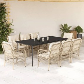 9 pcs conjunto de jantar p/ jardim com almofadões vime PE bege