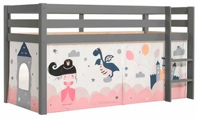 Cama alta de Criança PINO 90 x 200 cm + estrado + escada + cortina Princesa Cinzenta