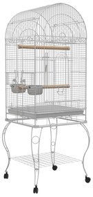PawHut Gaiola para Pássaros com Rodas Bandeja Amovível Prateleira 2 Comedouros de Aço Inoxidável e Poleiro 51x51x153 cm Branco