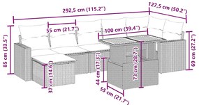 8 pcs conjunto de sofás p/ jardim com almofadões vime PE bege