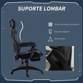 Cadeira de Gaming com Apoio para os Pés Retrátil Cadeira de Escritório Reclinável com Apoio para a Cabeça e Altura Ajustável 65x65x119-129cm Preto