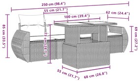5 pcs conj. sofás jardim c/ almofadões vime PE cinzento-claro