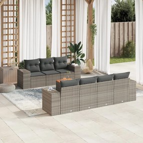 8 pcs conjunto sofás de jardim c/ almofadões vime PE cinzento
