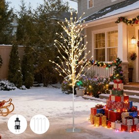 Árvore de Natal de bétula iluminada com 168 luzes LED brancas quentes e base metálica para interior e exterior, 180 cm