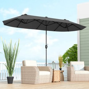 Guarda-sol duplo para jardim com base recarregável, manivela e 12 hastes de alta resistência Cinzento