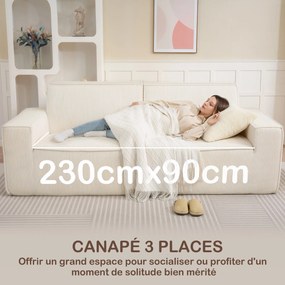 Canapé 3 places en velours côtelé 230 cm, canapé moderne, pas de montage nécessaire, beige FR