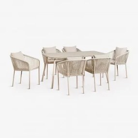 Conjunto De Mesa Retangular 160x90 Cm E 6 Cadeiras De Jantar Em Corda Trançada Arhiza Classic Tapioca Bege - Sklum