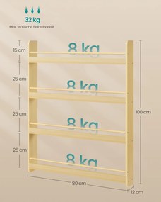Estante infantil 12 x 80 x 100 cm com 4 níveis para quartos infantis e salas de jogos em cor natural
