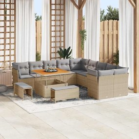 Conjunto de Sofá de Jardim vidaXL 13 Peças com Almofadas Bege Rattan Acácia