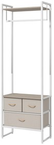 Suporte para Cabides com 3 Gavetas de Tecido Barra para Pendurar e Prateleira para Entrada Quarto 58,5x30x178 cm Natural