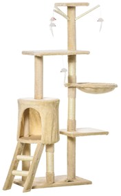 PawHut Arranhador para Gatos de 134,2 cm com Caverna Plataformas Rato de Brinquedo Rede e Postes de Sisal 50x35x134,2 cm Bege | Aosom Portugal