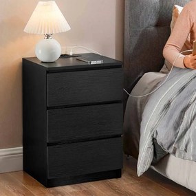 Mesa de cabeçeira com 2 tomadass e 2 portas USB e 3 gavetas moderna 35 x 40 x 59 cm preto