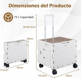 Carrinho de, multifuncional. Compras Dobrável, 50 x 43,5 x 50-94,5 cm, 4 Rodas Giratórias, Branco