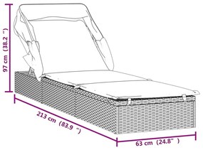 Espreguiçadeira c/ toldo dobrável 213x63x97 cm vime PE cinzento