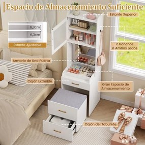 Toucador com espelho rebatível com gavetas e armário com espaço de armazenamento branca